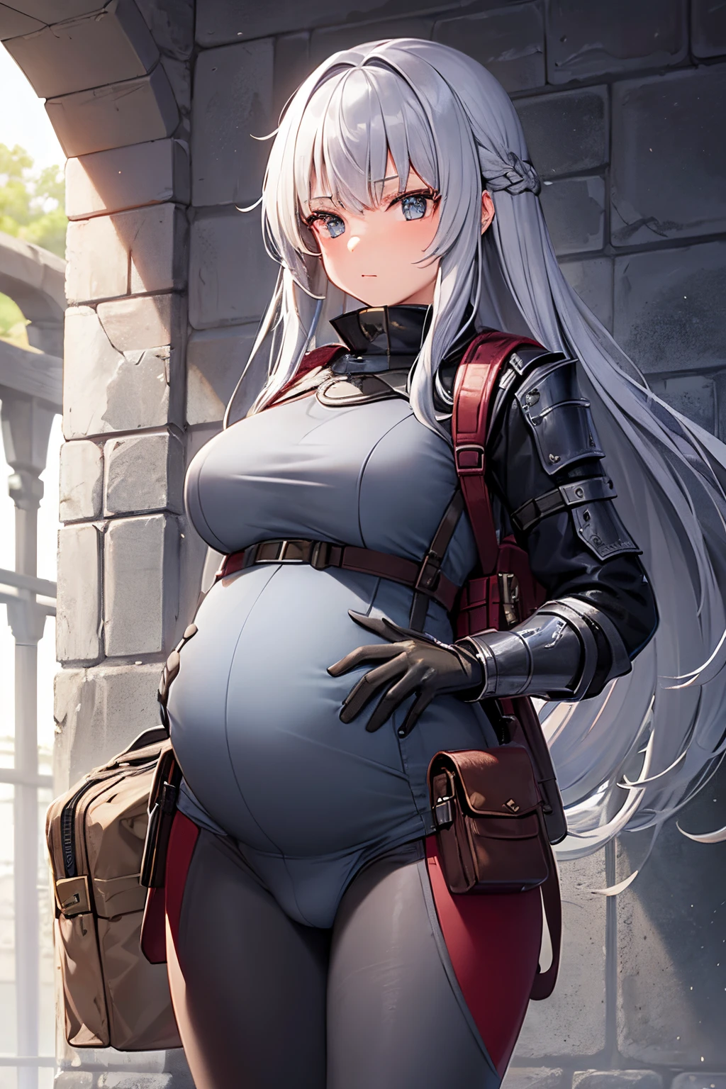 1 young girl, long grey hair, fantasy, adventurer, tight adventurer suit, adventurer style, armored, sword, adventurer bag, adventurer backpack, pouch, water pouch, big pregnant, at trimester pregnancy, at dungeon, face at camera