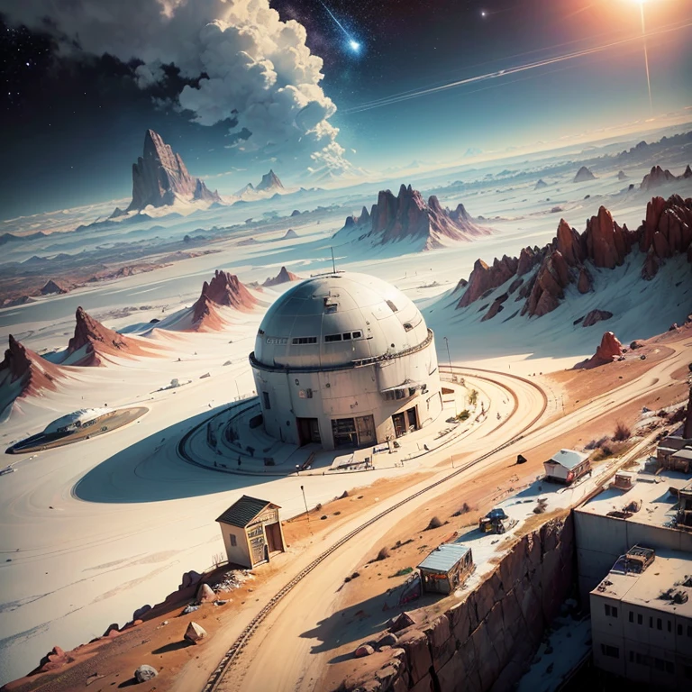 "SKN", "surreal Sahara sky with breathtaking colors" Realistic cinematic planet Mars in 4k, post apocalyptic world, Planet Mars, mountain plateau, view from the station platform, Monorail station, military men in blue and black military uniforms stand on the platform, monorail expressway, high-speed train leaving a mountain tunnel, sunset illuminates the mountain range, mountain plateau, Clear starry sky, Sundown, (radar dishes are located throughout the plateau), in the middle of the plateau, (command and control observation center building, military guard barracks, checkpoint post, space shuttle hangars , launch site for space shuttles, military shuttle fighters, the entire territory of the space observation station and cosmodrome is surrounded by a high fence made of metal mesh and barbed wire, on both sides of the plateau there is a tunnel for a high-speed mono route,