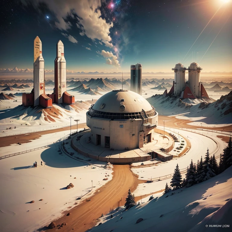 "SKN", "surreal Sahara sky with breathtaking colors"  Realistic cinematic planet Mars in 4k, post apocalyptic world, Planet Mars, mountain plateau, view from the station platform, Monorail station, military men in blue and black military uniforms stand on the platform, monorail expressway, high-speed train leaving a mountain tunnel,  sunset illuminates the mountain range, mountain plateau, Clear starry sky, Sundown, (radar dishes are located throughout the plateau), in the middle of the plateau, (command and control observation center building, military guard barracks, checkpoint post, space shuttle hangars , launch site for space shuttles, military shuttle fighters, the entire territory of the space observation station and cosmodrome is surrounded by a high fence made of metal mesh and barbed wire, on both sides of the plateau there is a tunnel for a high-speed mono route,