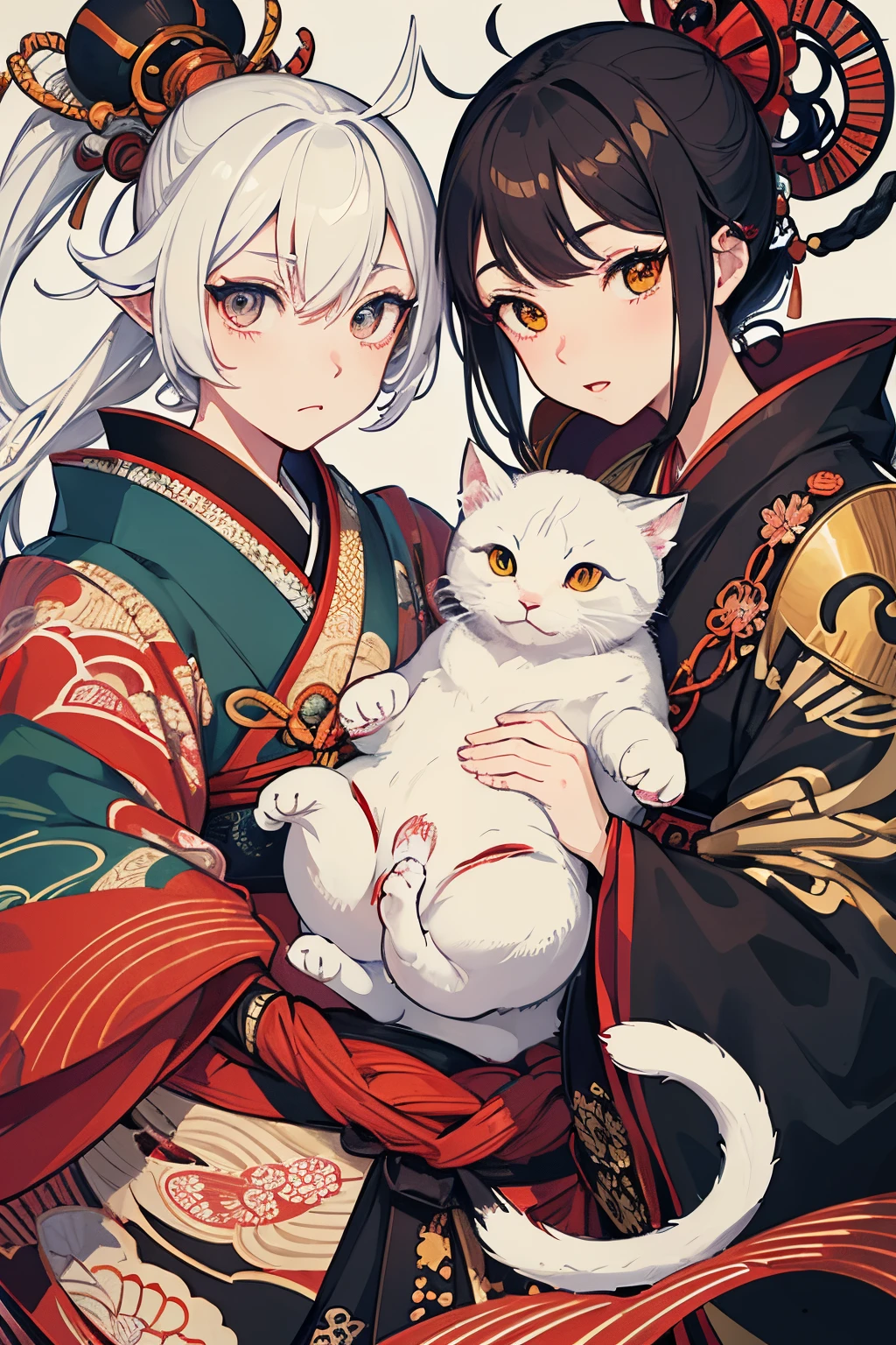 masutepiece, of the highest quality, vague, Fuji, Japanese cat holding a sea bream on a white background, Short hair, samurai kitten, slightly larger ears, kitten warrior (A white cat with two black circles on its head), Cat in armor , anthropomorphic cat ninja, Samurai god wearing carp armor, Written by Tanyu Kano, High resolution, Colored, Ukiyo-e style, inspired by Utagawa Kuniyoshi, Zentangle, mandalas, Tangle, Official art, Integrated 8K wallpapers, super detailed, Aesthetic, High quality, Beautiful, masterpiece best quality, mini wool