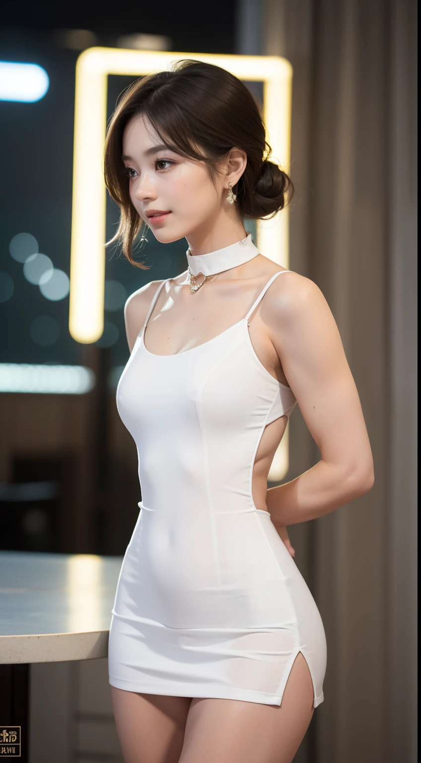8K, On the table, RAW photogr, Best quality at best, force, Highly detailed CG Unity 8k wallpaper, depth of fields, 电影灯光, lens flare glow, Ray traching, (Extremely beautiful face, beautifullips, pretty eyes), Intricately detailed face, ((Ultra-delicate skin)) 1 girl in, in the darkness nigth, deepshadow, Beautiful Korean girl, K-pop idol, 1 girl, (Very slim and slim fit for muscular bodies:1.3), ((looking at viewert)),(Hefty Smile:1.3), (midynight, A dark night, (neonlight), (vague background), dim murky lights), (no people in background:1.3), Beautiful earrings, bangle, choker necklace, join, Clear eyes, curving , Front Shooting, (pale-skinned), (Big eyes looking forward, (Full body photo), (brown hair), open belly on, (looking at viewert:1.3), Very slim, medium, (CameThigh thick, Turn Back, (Flowing mini dress), ((White-collar dress)), (leotard skirt), ((Backtracking, rear projection)), (super mini skirt), The kinky exposeiniskirt shooting)