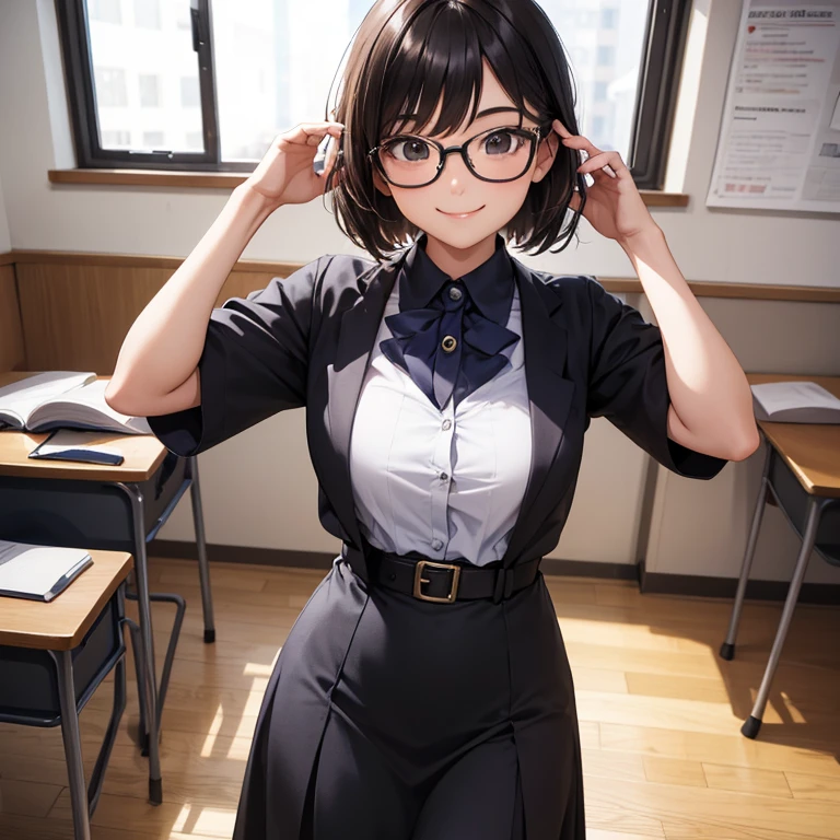 A 25 years old girl wearing a teacher dress with glasses, smiling face, looking at viewer