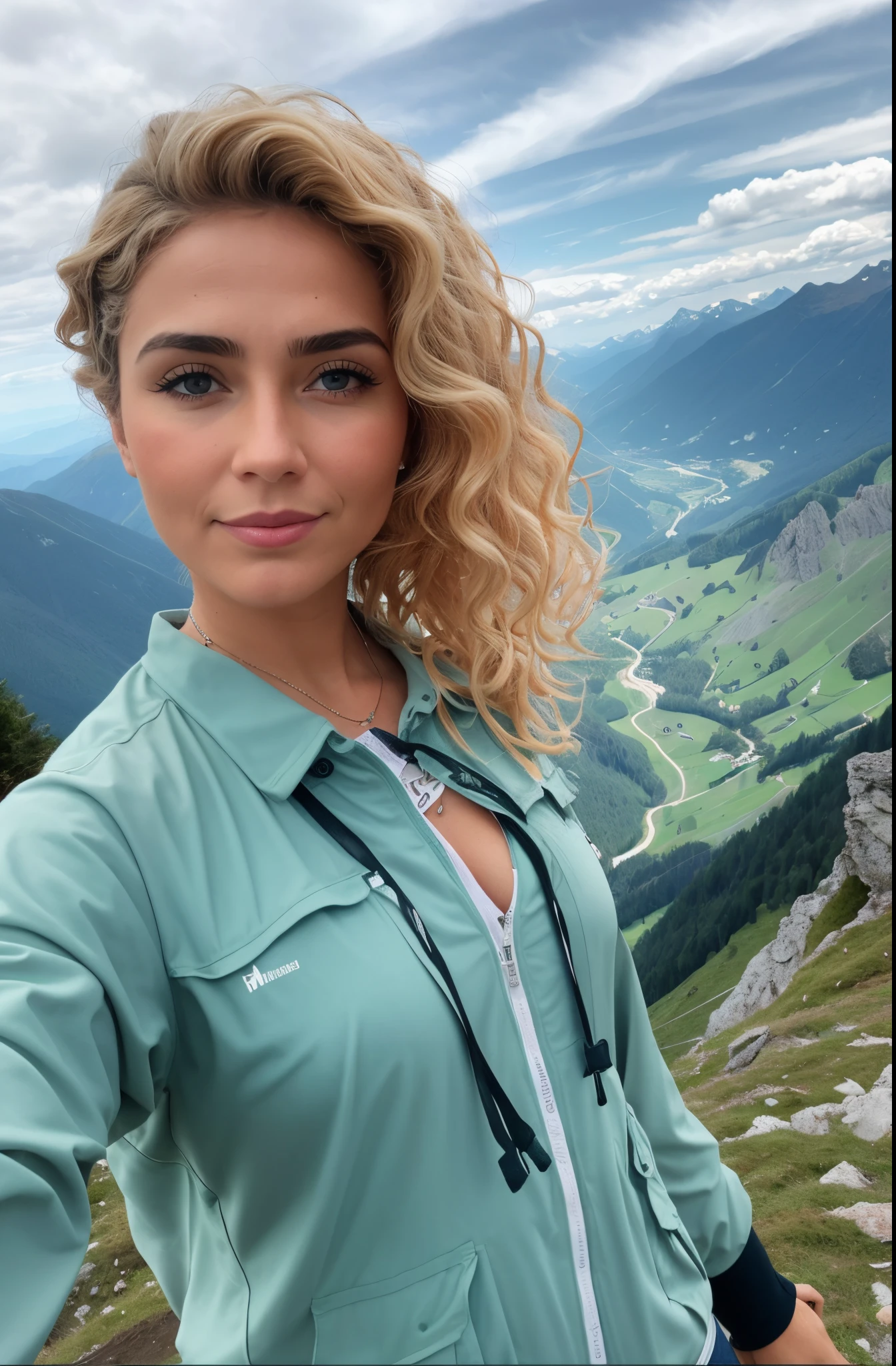 curly woman with curly blonde hair and blue eyes standing on a mountain, inspirado em Ulrika Pasch, uma montanha parece uma mulher, com montanhas ao fundo, com montanhas no fundo, com montanhas como pano de fundo, imagem de perfil, in the swiss alps, em uma montanha, nas montanhas, 🤬 🤮 💕 🎀, nas montanhas