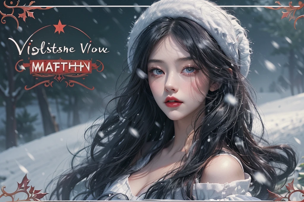 (postcard design example), front and back of postcard, ((postcard style)), (postcards art style), (postcard border:1.6), (postcard template:1.ostage stamp}},(masterpiece, best quality), super detail, textured skin, highres, 8k, koh_amberheard:1.hotorealistic:1.4), (dynamic view:1.3), dynamic posture. A postcard consist of 1girl, Christmas theme, dressed as a snow white with a red bow and a red bow, beautiful vampire queen, realistic , Marceline from Adventure Time, anime girl , 8K HD snow white hair, beautiful vampire queen, snow white as a d d fighter, snow white, anime, vampire Carmilla, with long dark hair, (outdoor), ((snowfall)), torn clothes, large breasts, The girl has beautiful detailed eyes, beautiful detailed lips, an extremely detailed face, and long eyelashes. (night), (starry night), dimly lit. edgQuality,antiBlurV2,CR1.3