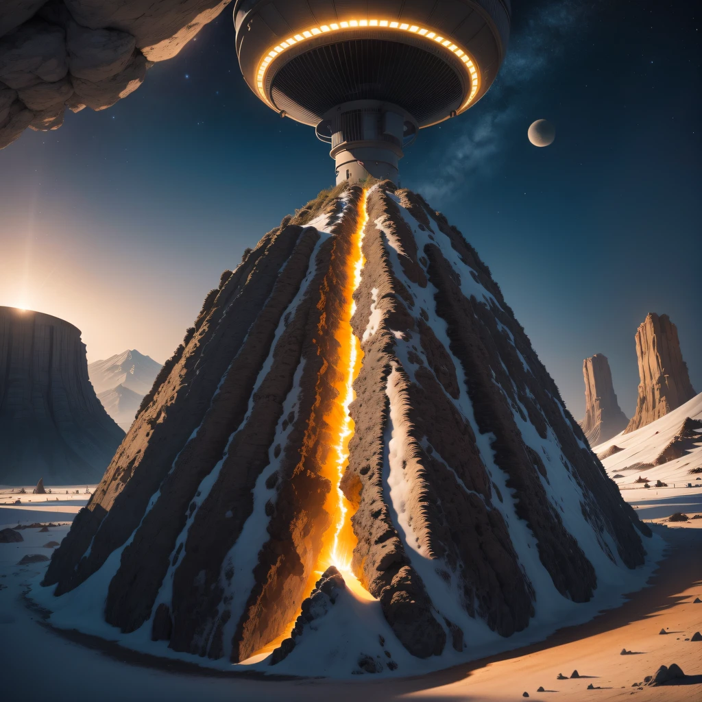 Alien base (The very detailed) in desert mountains,There are several exhaust fans and chimneys, some spotlights shine from the base,Light up dark places at night), There are some clouds in the night sky, Some surrounding planets provide air to unknown planets,The farthest giant volcano erupting