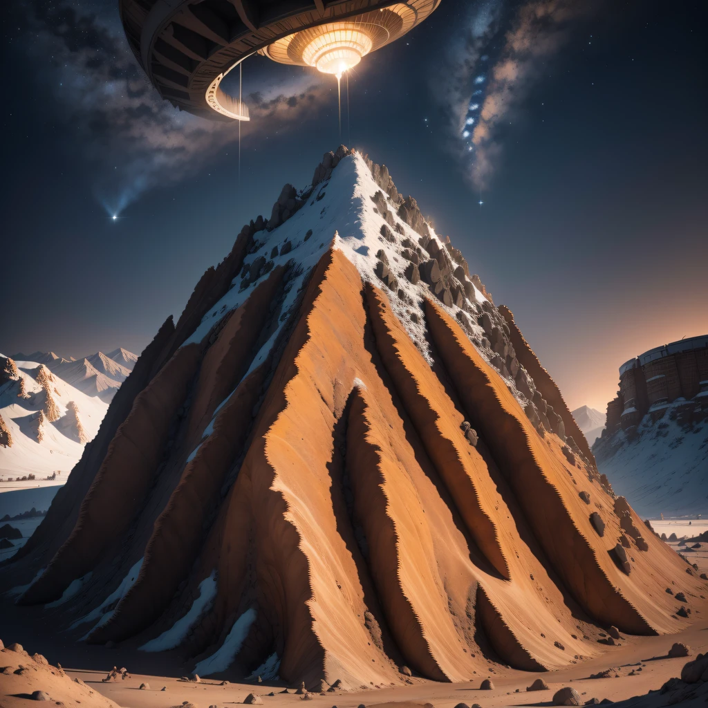 Alien base (The  very detailed) in desert mountains，There are several exhaust fans and chimneys, some spotlights shine from the base，Light up dark places at night), There are some clouds in the night sky, Some surrounding planets provide air to unknown planets，The farthest giant volcano  erupting