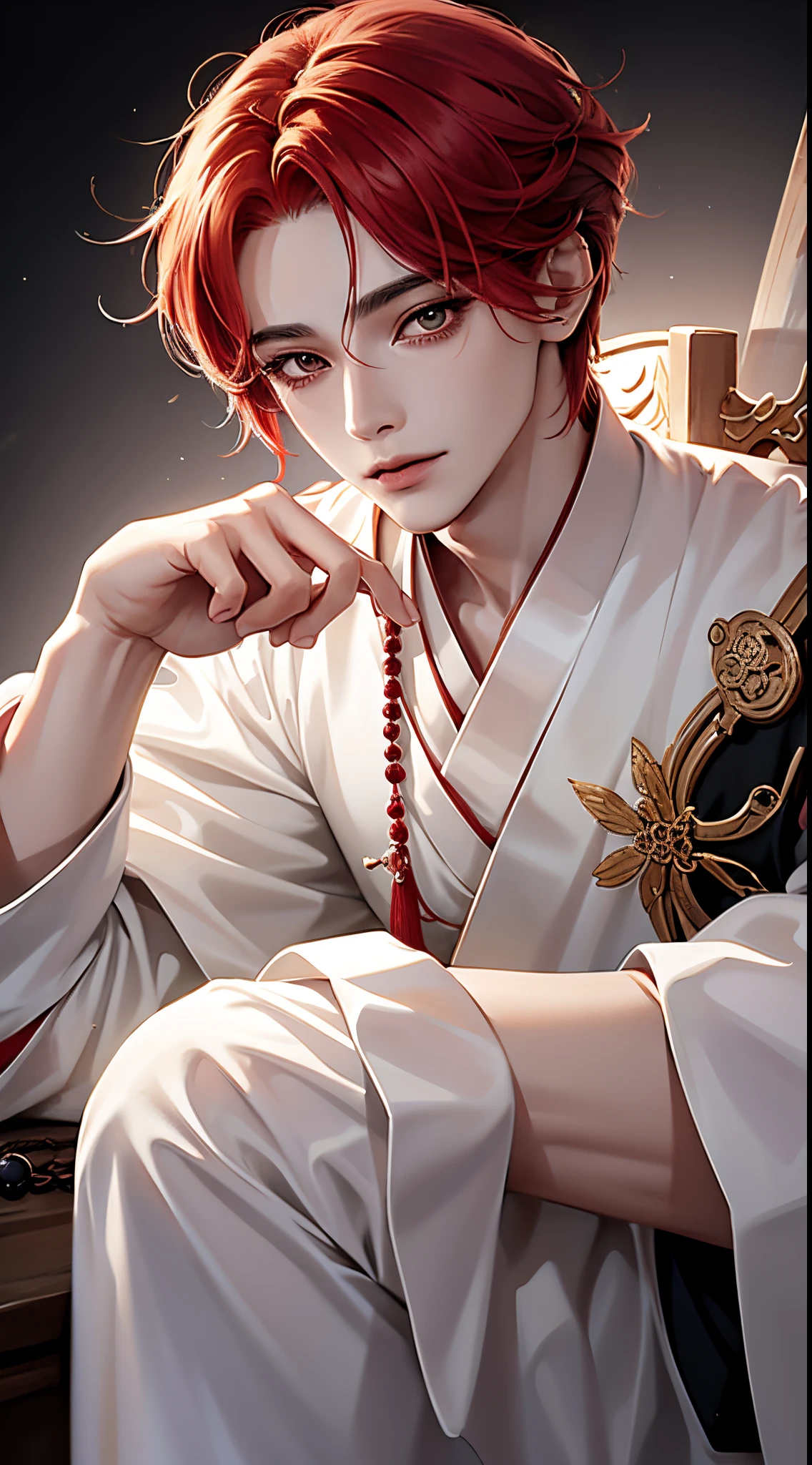 1 boy,Fantastic style,Hanfu,Taoist robelue and black gradient eyelue and white clothes,Gorgeous robe,China_boots,digital artwork,Gongbi face,Ancient Chinese men#39;s clothing,noble robe, red hair,short side hair, raised bangs, forehead, bead chain,gradient eyes,Light smile,Cinematic lighting,𝓡𝓸𝓶𝓪𝓷𝓽𝓲𝓬,Anime style,hightquality,High detail,8k