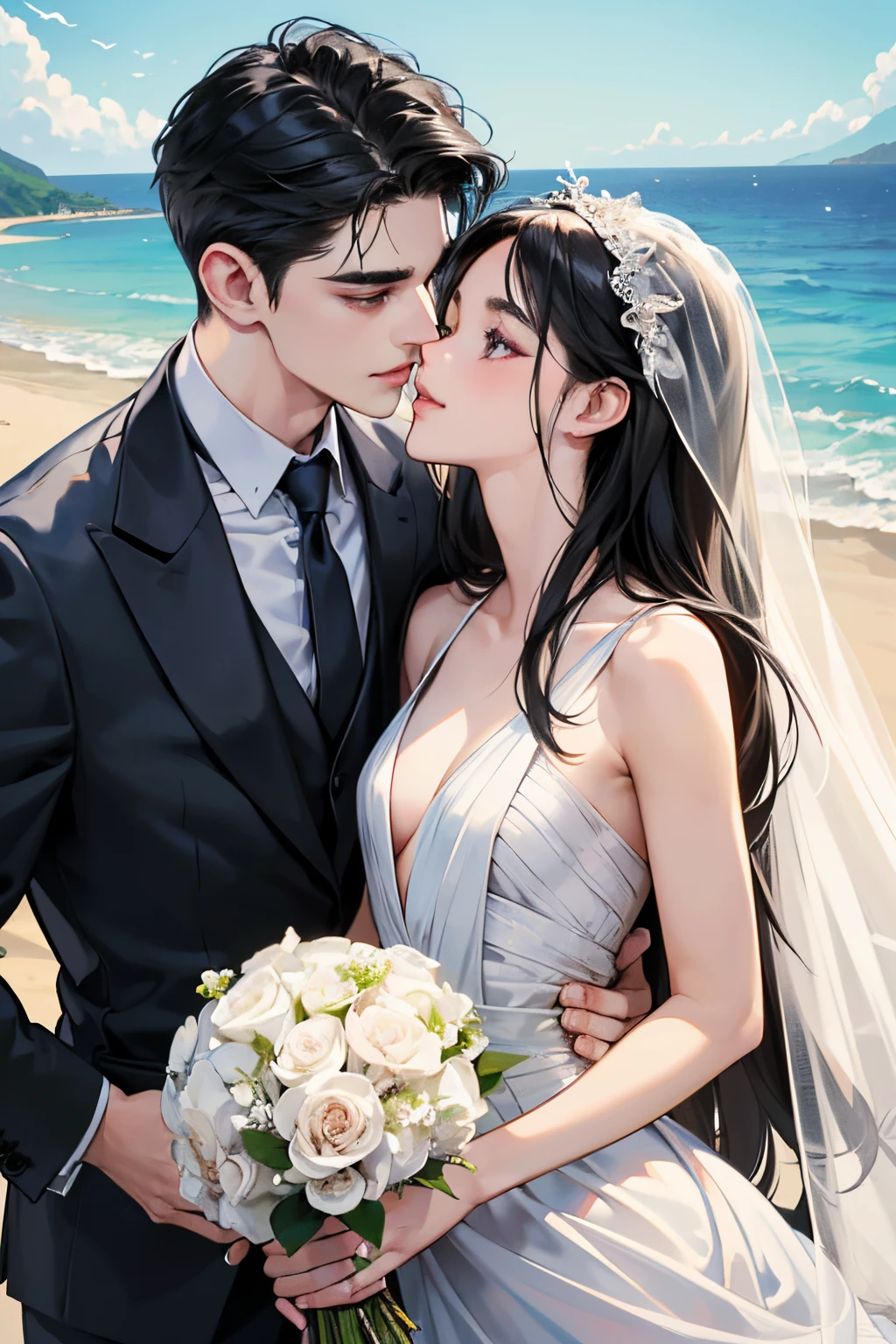 (masutepiece, Digital Art, Digital Illustration, 4K, 8K, Ultra-detailed, beautiful image, Sharp Image, Photorealistic, Raw photo, Perfect face, Perfect lines, Perfect eyes, Soft lighting) ,1 woman, (Long Black Hair,straight haired,Bullish gaze,Beautie,ellegance,Solid makeup,23 y-o woman,small tits:1.3),Two handsome men in suits, (ember,well-muscled,Firm shoulder width, Man's,Boyish hairstyle,English gentlemanly style,Man in his 30s with a cool expression,28-year-old man with bright smile:1.2),Show white teeth and smile(embarrassed from,Shy smile:1.1),shores,Beach,beach wedding、innocent smiles,Laugh、couple kissing、kiss、the kiss、Romance、Mermaid Line Wedding Dresses、Wedding、bouquet of beiragnolia