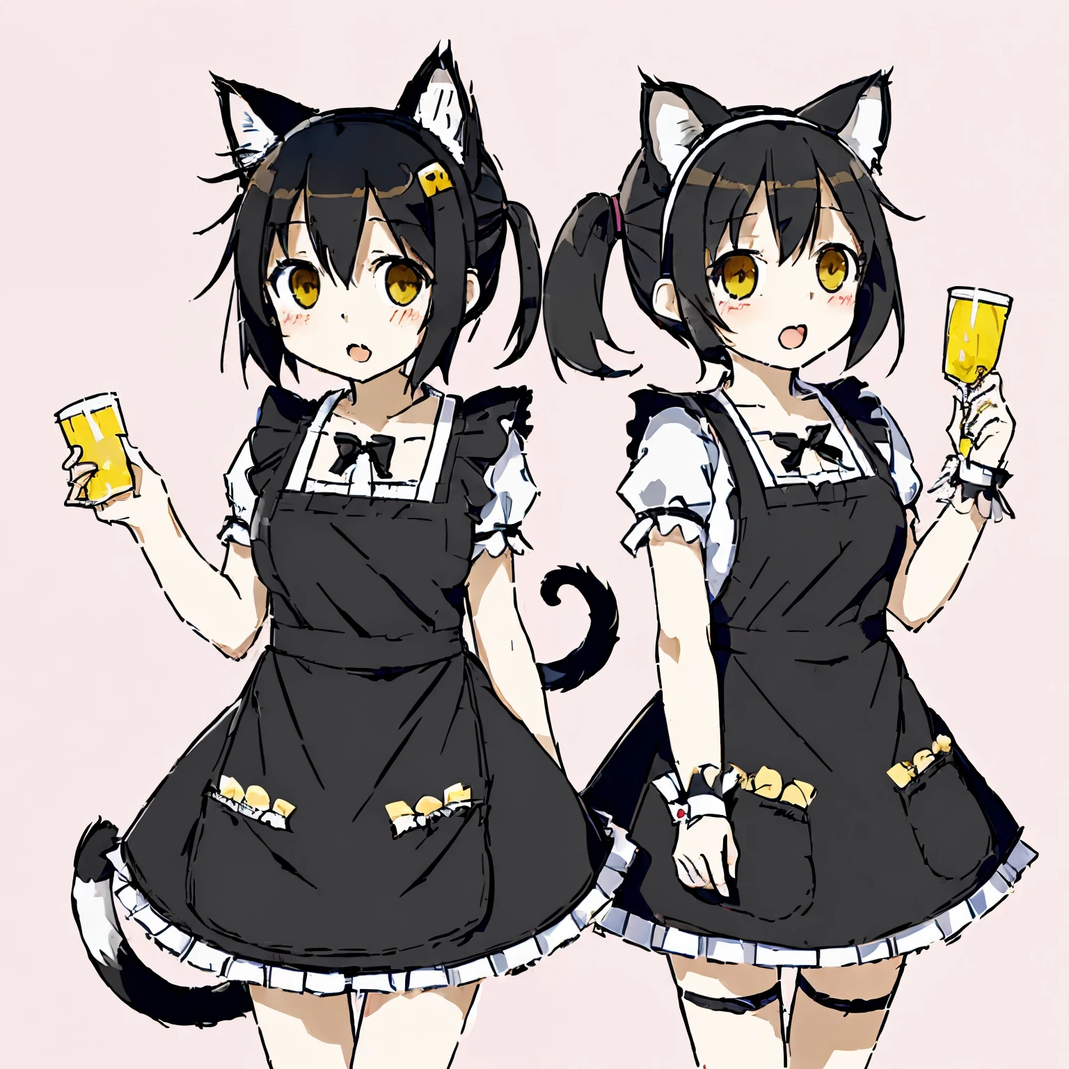 1girl, :3, animal ears, apron, black hair, blusher, cat day, cat ears, cat tail, chibi, Dress, fang, frills, hight resolution, maiden, maid apron, maid headdress, open mouth, band, tape8holic, Short hair, Smile, report, tail, Yellow eyes