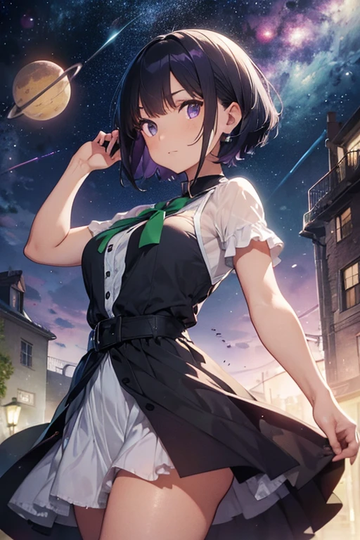 A woman with a green short hair and purple eyes, dressing a full dress, holding a star and planets