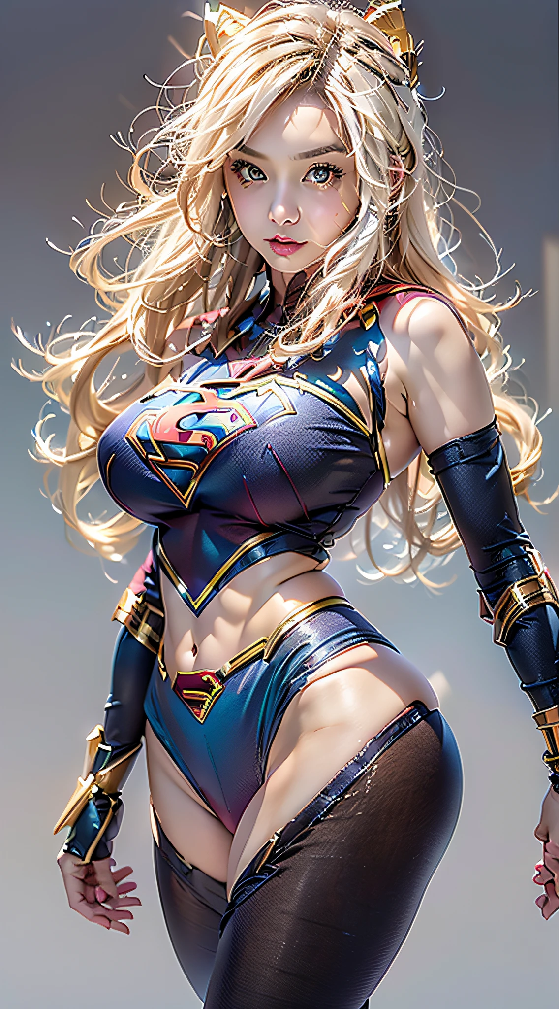 (((Supergirl Suit)))、Beautiful American woman long blonde hair、 23years old、独奏、full body Esbian、 Hourglass body,Huge breasts, Defined body, Wearing lace lingerie:1.6、 (((Bra, thong panties and 7/8 Supergirl cosplay sock)) , realist,((Superwoman Costume)) 、 biomechanical oppai,、fanart best artstation, artgerm style, Marked cat,masutepiece, Full Detail,  Photorealistic, 8K, ((( large full breasts:1.1、Big thighs:1.2)))、((Hands together))、wounded、Full of scratches、Turning the crotch、((Looking at the camera))、Light in the eyes