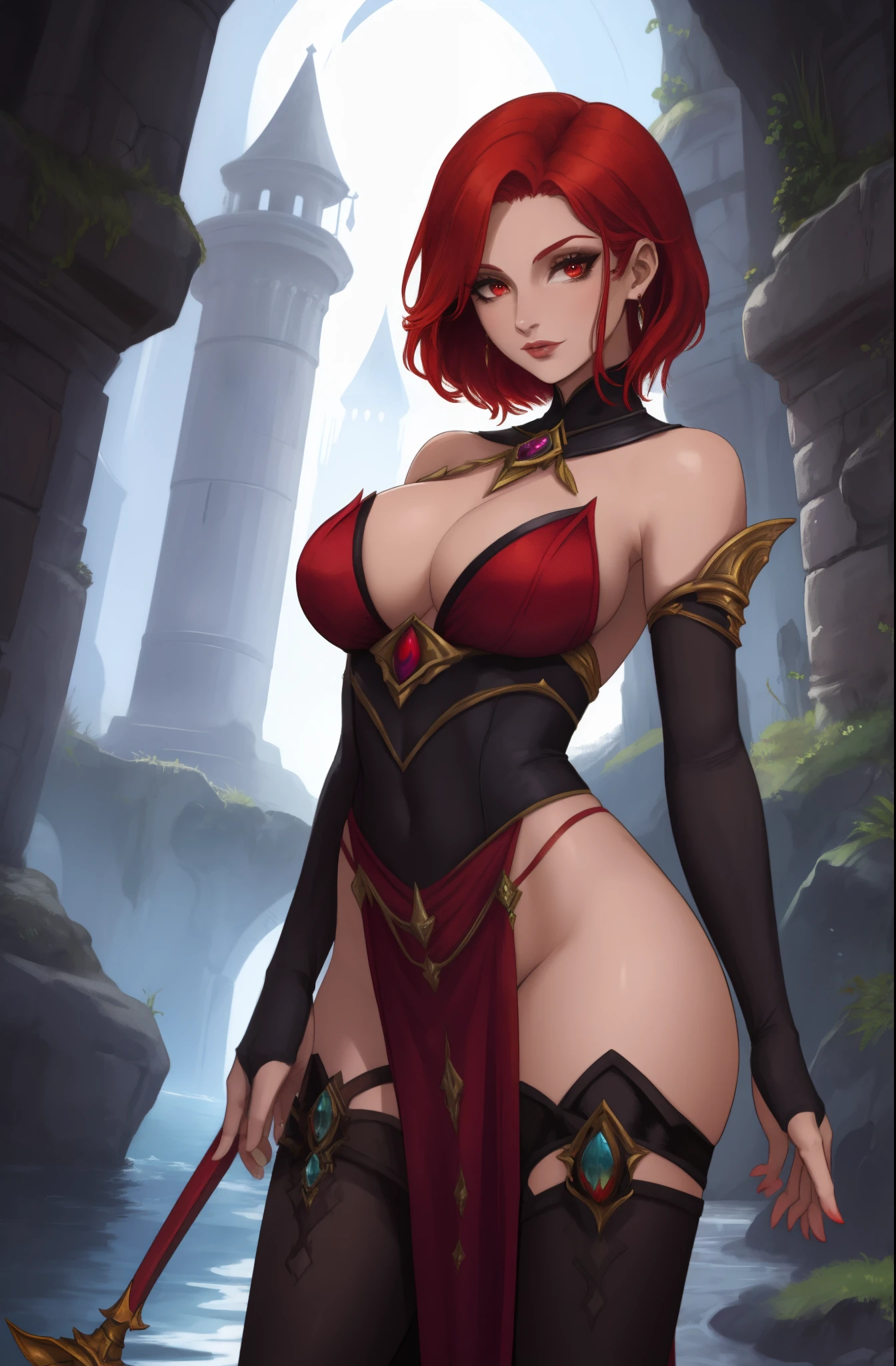 Fantasy Female sorceress, fiery red hair, latina, dark skin