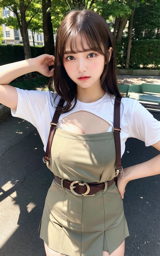 masterpiece、flat-colors、depth of fields、lens flare 1 girl、、Brown hair、watching at viewers a belt big breasts in black suspenders Armpit sweat perspiring Side of both hands wall rack pants, Gaze a small face bangs upper eyelid a miniskirt