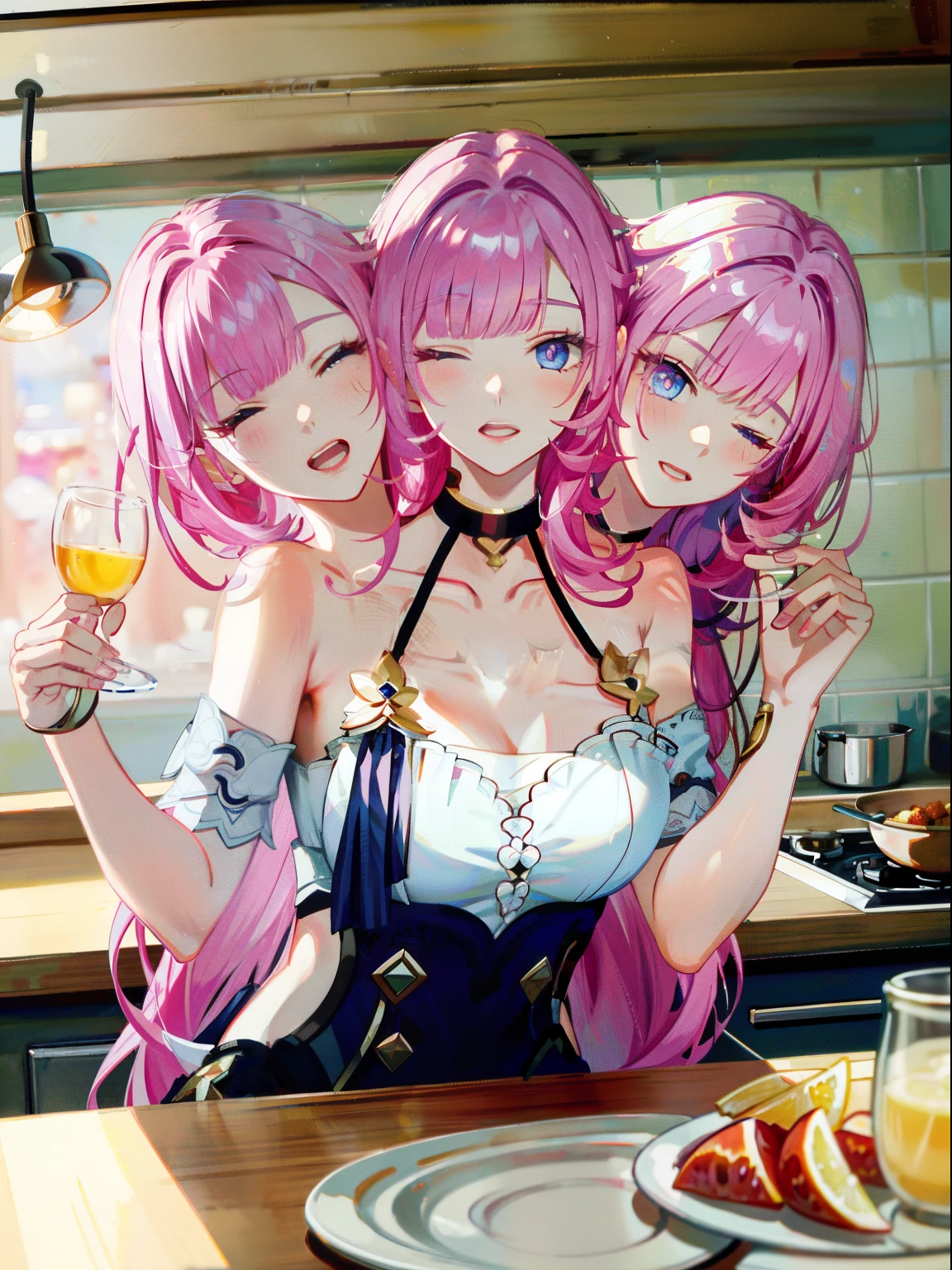 (masterpiece, best quality), best resolution, (3heads:1.5), 1girl, weary, headache, hangover, in pain, dizzy, pink hair, blue eyes, one eye closed, open mouth, hand on forehead, apartment kitchen