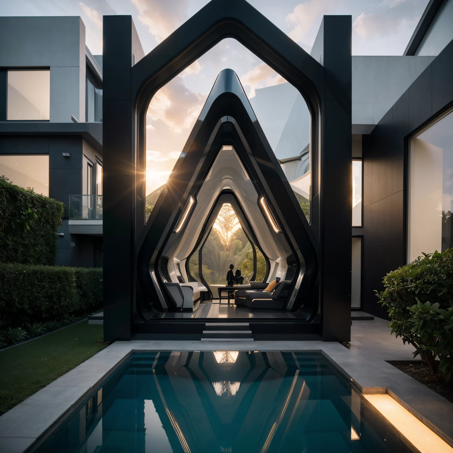 hyper realistic organic ,bionic futuristic villa designed by Zaha Hadid with black frames , sunset , hyper realistic, depth of field , modern architecture, minimal architecture , futuristic architecture , foggy , lights on front garden no human, isometric view