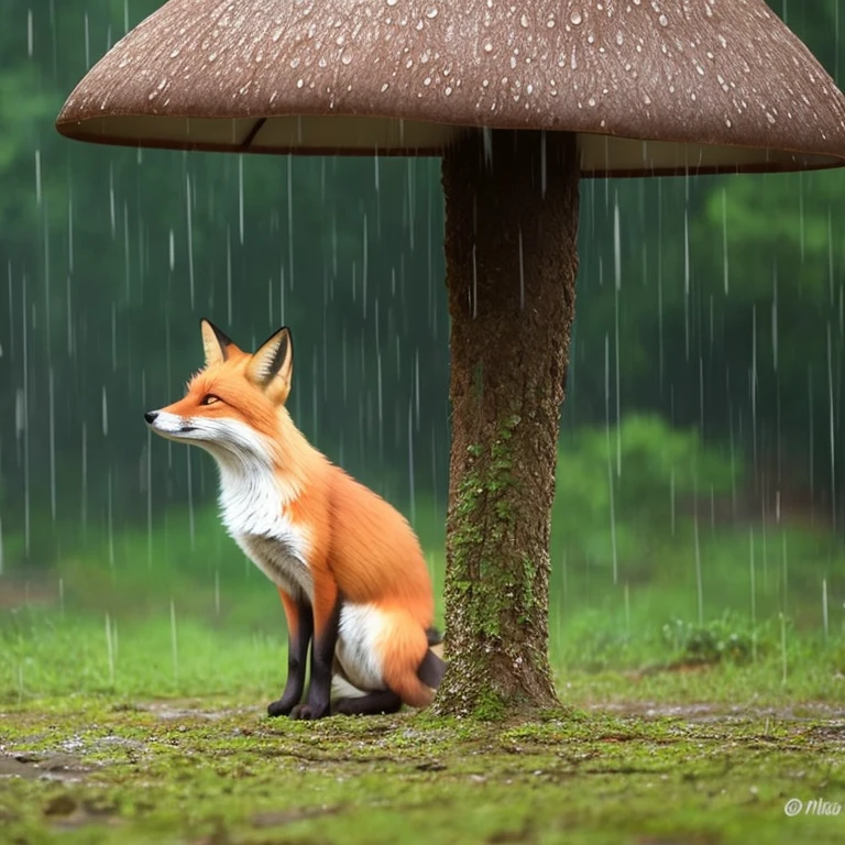 Tiny fox under a mushroom in the rain