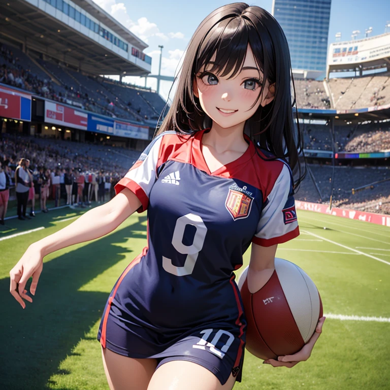 A 25 years old girl wearing football dress, smiling face, looking at viewer