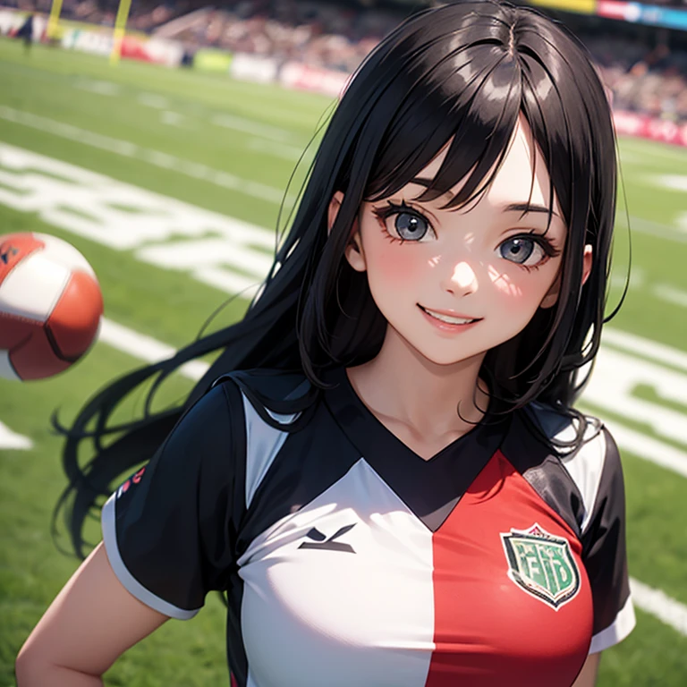 A 25 years old girl wearing football dress, smiling face, looking at viewer