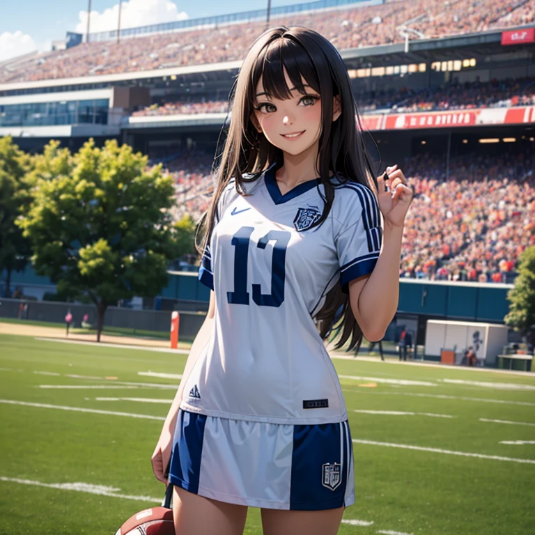A 25 years old girl wearing football dress, smiling face, looking at viewer