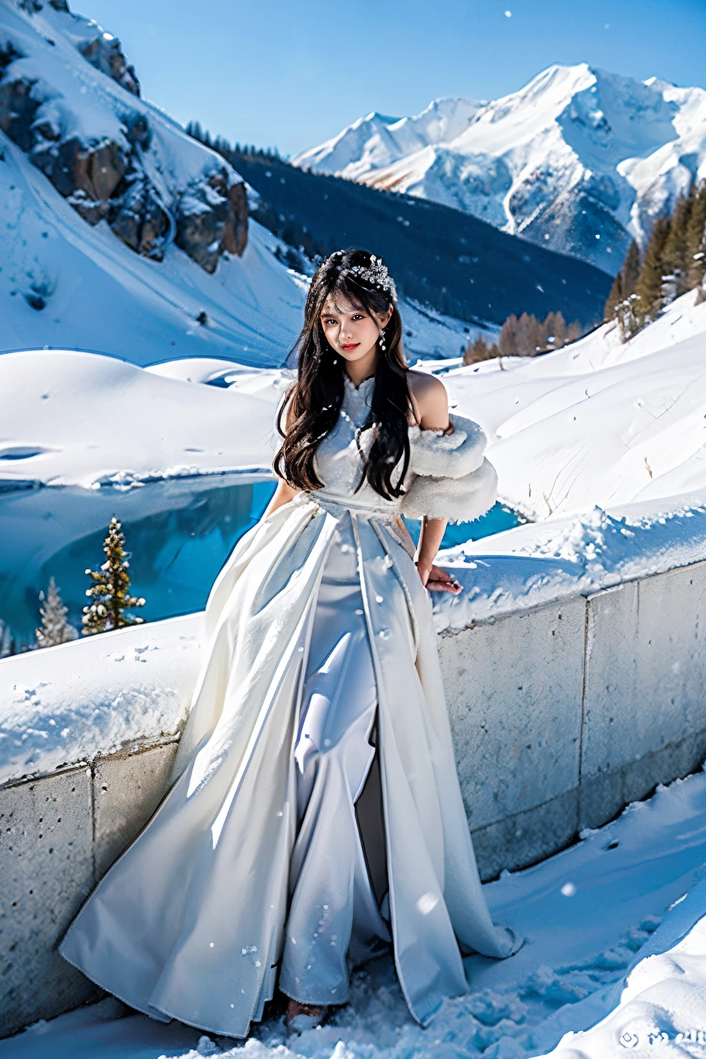 Photographic realism、quality、超高分辨率、photore、（Full body photo）（Very good figure）（Very detailed faces），（intricately details）princess on snow mountain，Wearing a gorgeous snow-white dress，The hem of the skirt seems to be condensed from the falling snowflakes from the snow-capped mountains.。Her long hair falls on her shoulders like a black waterfall，The head  dotted with a pure white flower。Her eyes are clear and bright，As crystal clear as lake water。Her skin  fair and pure，Like  and snow on snowy mountains。The princess  surrounded by falling snowflakes，Surrounding her as if she were her guardian，Create a mysterious and enchanting atmosphere。In such an environment，The princess  like a blooming flower on the snow-capped mountainudes purity and nobility。