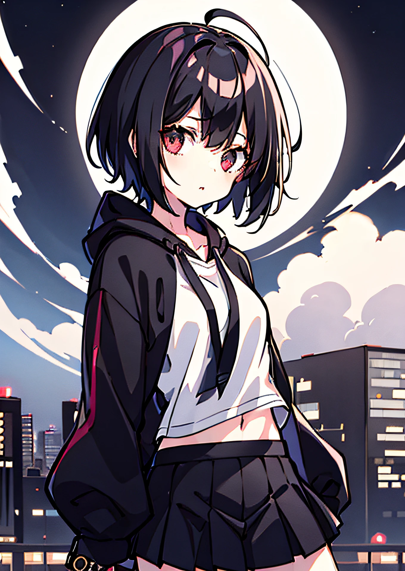 1 girl,full entire body,Yandere,Black Hair,Short Hair Hair,black hoodie,White shirt,Black Skirt,Mobile Sword,standing on building.,Night City Background