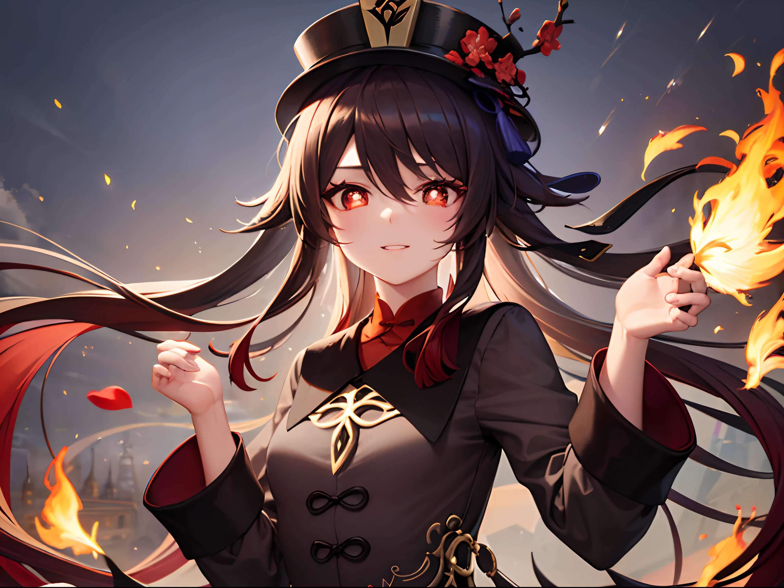 hu tao, , Hu Tao hat, illustratio,[TRADITIONAL CHINESE COSTUMEire themed,[red colour],美丽细致的眼睛,beautiful detailed lips,Long eyelashes,playful smile,Black Hair Flying in the Wind,[blushed cheeks],[elegant red dreseautiful posture,light shines from her hands,floating sakura,Bright warm lighting,(Best quality at best,A high resolution),(vivd colour,Dynamic colors),Enigmatic Atmosphere,creative composition
