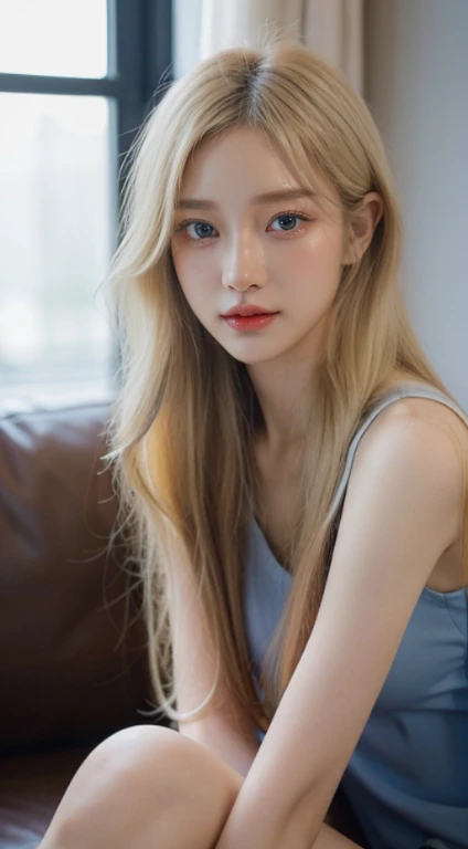 The most artistic picture quality，超高分辨率，8K分辨率，a beautiful ukraine，tall and sleek，With a petite figure，Pure and cute，Around 20 years old，Goose egg face，(exquisite facial features)，(  a perfect face)，(Glowing skin)，long eyelasher，Beautiful students(Lying silkworm)，Moisturizing red lips without feeling，Long gray hair，(((blond hair blue eyes)))，golden curly hair，((sofe))，sitted，((looking at viewert))，((HD full face photo))，Medium shot  ，seven man shooting，sitting upright，leaning backward，Delicate arms，in a soldier uniform，army pants。