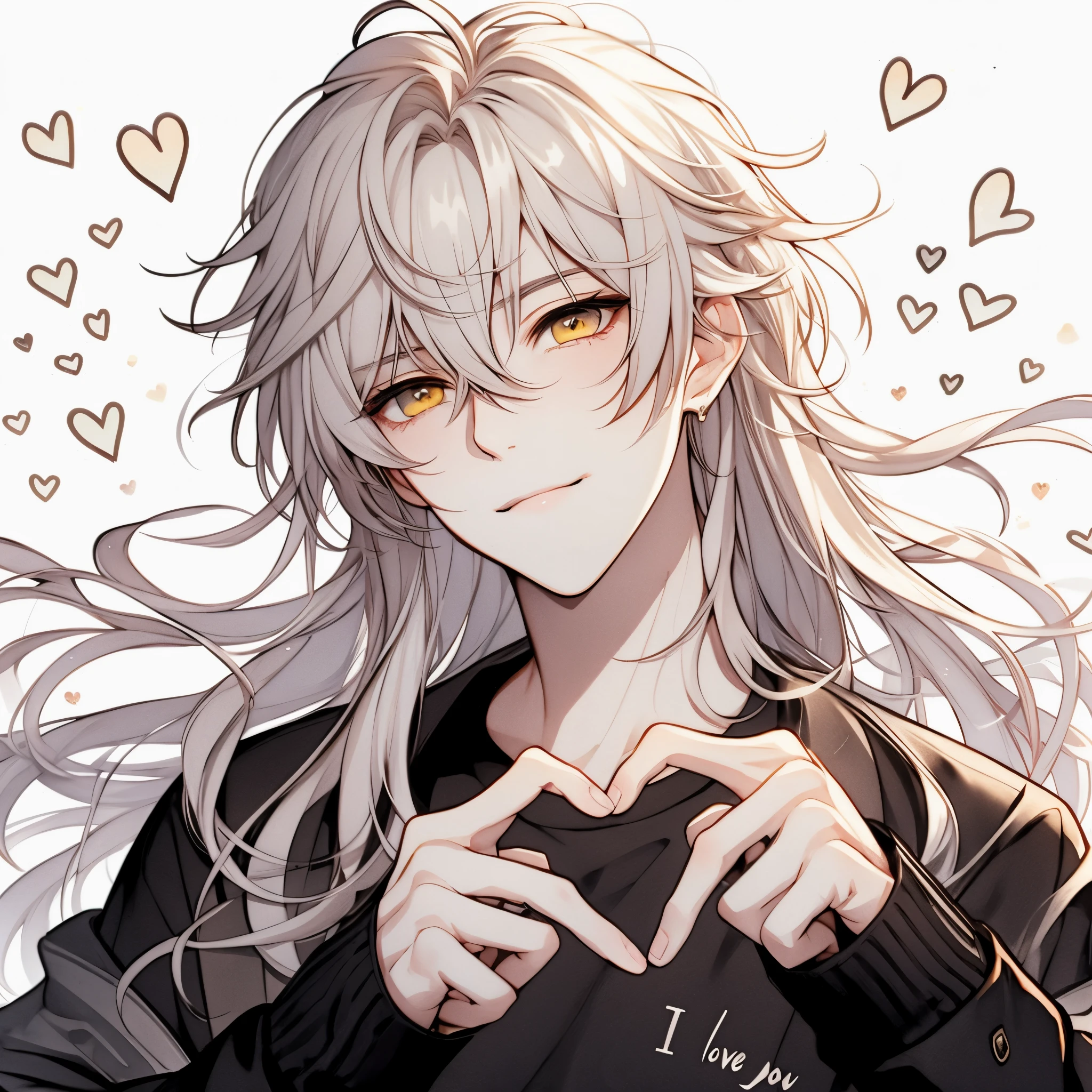 Clear line drawing, Transparent watercolor, Clear shading, Beautiful young man, White hair, Long hair, Yellow eyes, Black shirt, finger heart, Fashionable everyday wear, convey love, inner strength, ❤️, I love it,High quality, amount of drawing, pixiv illustration、A slight smil