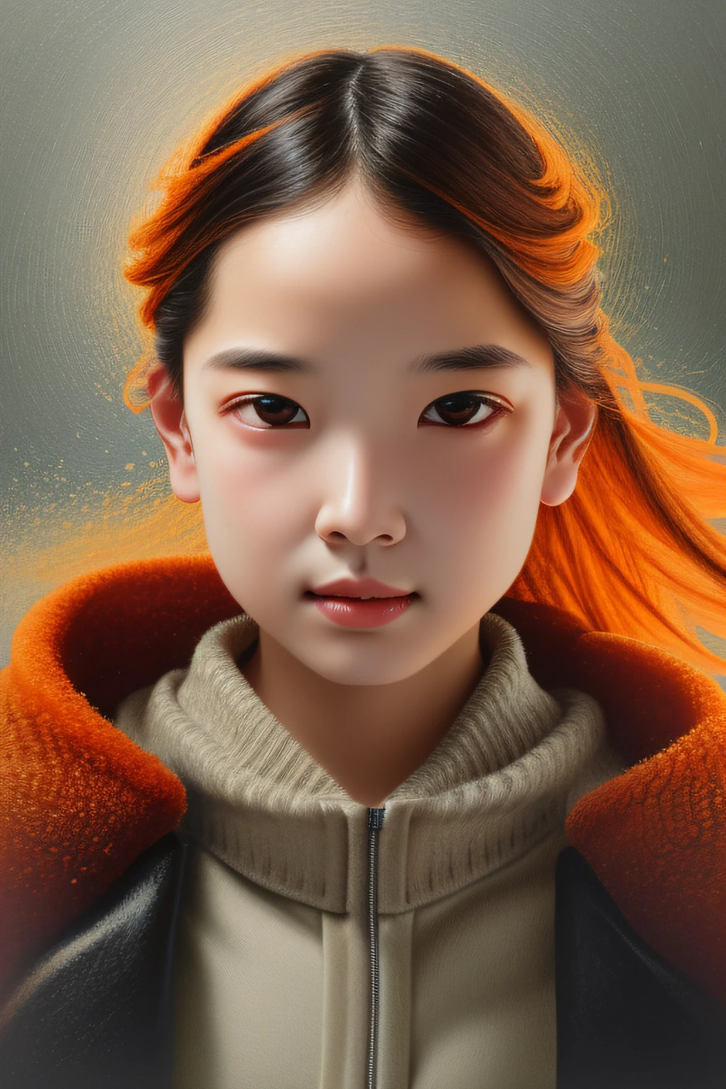 Cyberpunk gangster close-up symmetrical portrait，BiomechanicsSHN Robotics，Orange-red splash，Super tight，Complex design，（insane detailed：1.4），（extremely fine detail：1.35），The lines are extremely clear，iron and steel，电影灯光，strength，Kojima Ayaki (Ayaki Kojima) and Lilia Alvarado (Lilia Alvarado) of detailed painting，（Best quality，high high quality，hoang lap，intricately details，tmasterpiece，电影灯光），The  very detailed，motionblur， filmgrain、noises、Lens effects、