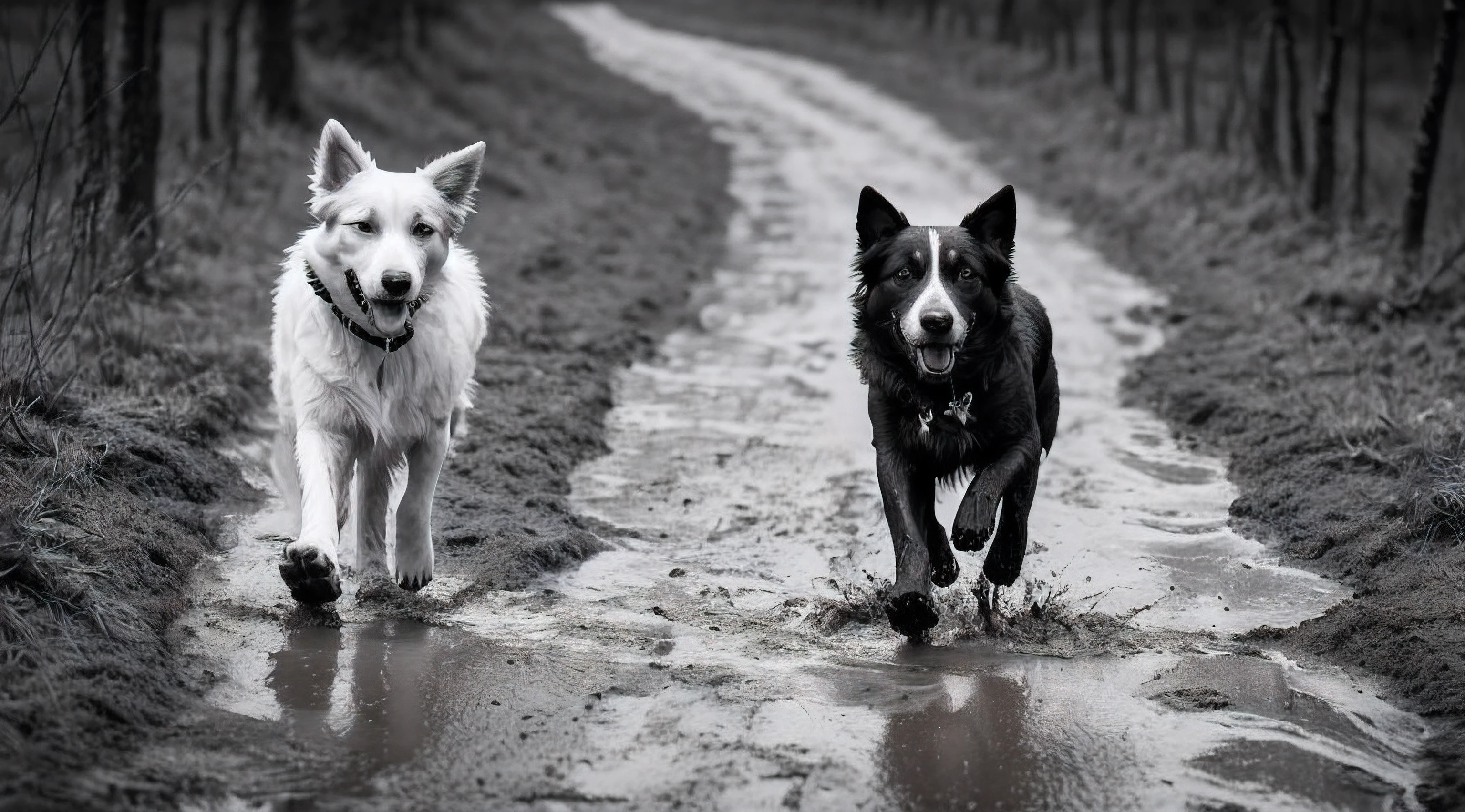 "«»A striking photorealistic photograph that captures a black and white dog walking down a muddy path. The image portrays the dog's movements with clarity and precision, enfatizando los detalles de su pelaje y la textura del camino fangoso. Contrasting black and white tones add depth and drama to the scene., Make the dog's journey down the road look dynamic and elegant.
Tipo de imagen: Photography
Theme description: Un perro blanco y negro caminando por un camino fangoso.
Artistic styles: realismo, Black and white photography Artistic inspirations: Photographers specialized in animal and nature photography, Black and white landscape shots Camera: Nikon D6
Tiro: Mid-range shooting Information related to Making: The photograph should capture the movements of the dog and the texture of the muddy road, mostrando la belleza de los tonos blancos y negros en la escena.
camera shot type: Medium distance shot Camera lens: Lente de 50 mm
Vista: Lighting Profile: Natural lighting with subtle contrasts, destacando los detalles del pelaje del perro y el camino fangoso.
resolution: High resolution, permitiendo detalles finos en el pelaje del perro y el camino fangoso.
detalle: Altamente detallado, emphasizing the dog's expression and the texture of the muddy road.
Tipo de color: negro & Blanco, creating a timeless and classic aesthetic.
Hacer: realistic photographic style, mostrando el viaje del perro blanco y negro por el camino fangoso en toda su belleza.
Nota: Focus on capturing the natural essence of the scene without additional digital enhancements or manipulations.
»"