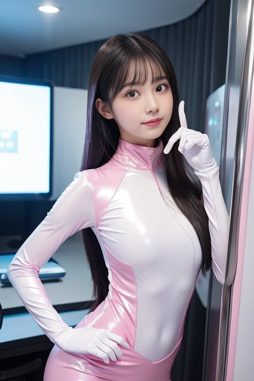 (put index finger on jaw, bend index finger, shiny rubber suit, stare at viewer, leaning forward, 1 girl, looking at viewer, from front, facing straight at viewer, white and dark pink clothes, white gloves, futuristic space suit, inside spaceship room),
smile, upper body, body suit, mini pencil skirt, high neck clothes, hide the neck, drooping eyes, head tilt, masterpiece, best quality, an extremely cute girl, 20 years old, black hair, pink lines on center of clothes