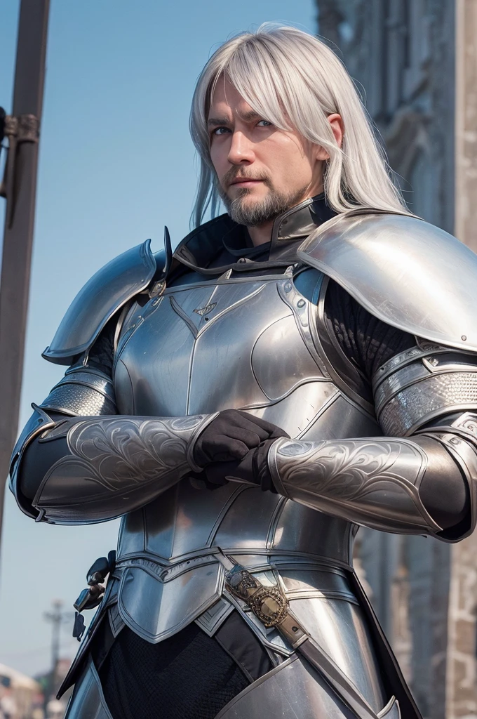 silver haired russian man、profession knight、Although he doesn&#39;t have a beard, he has a strong physique.、Wearing steel armor.、He is right-handed and has his arms crossed.。Smiling kindly。