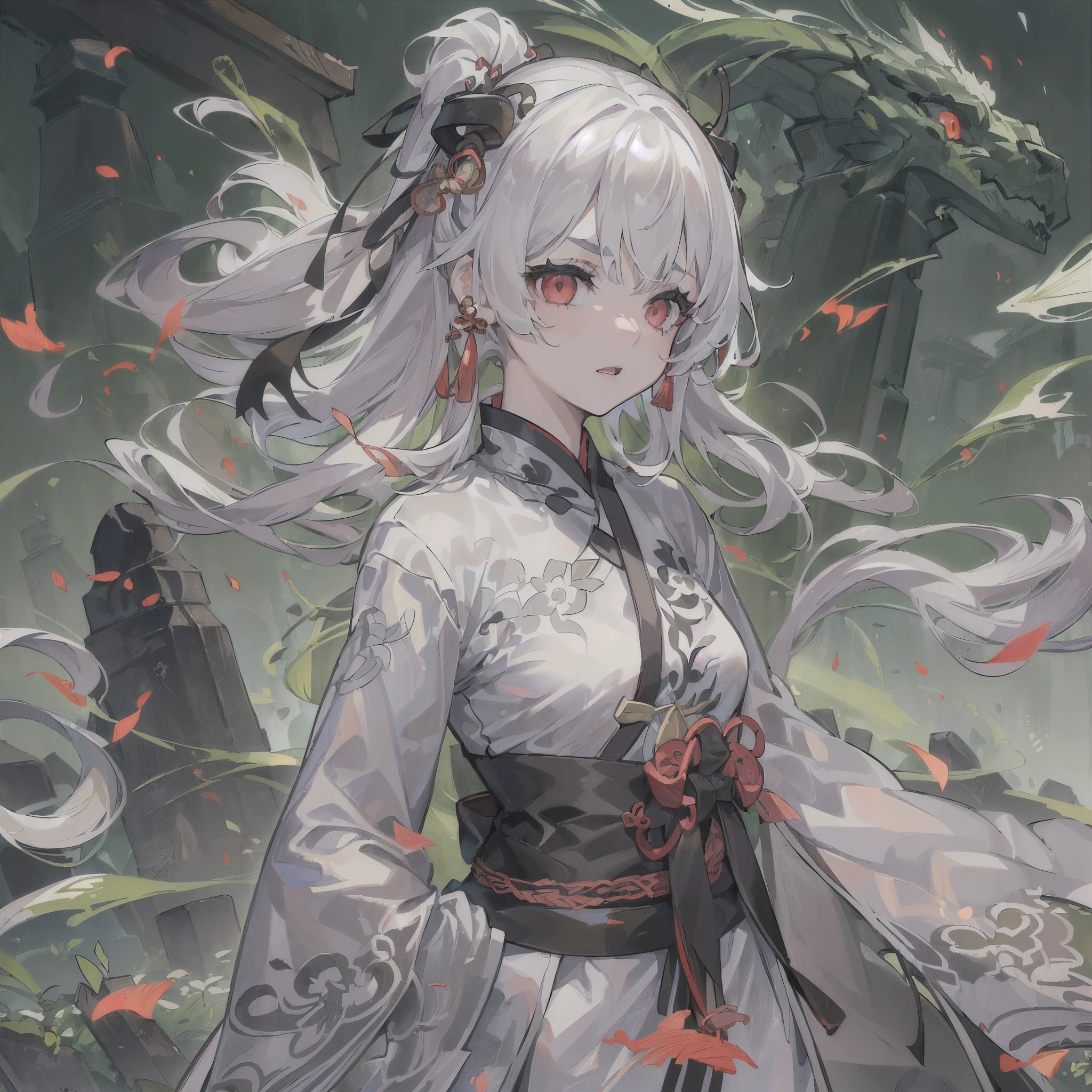 (8K, Best quality, tmasterpiece:1.2),\(Eyes detailed\),\(facial feature\),(\(clothing details body details,(surface focus) ,Very detailed CG-8k wallpaper,hugefilesize,ultra - detailed,A high resolution,Huang Li,beautidful eyes,Ray traching,dramatic shadow,Detailed pubic hair,dramatic angles,hyper-detailing,(1 girl:1.3),(sonata),White hair,shinny hair,(Hair length to hips:1.1),red eyes,Air bangs,Willow eyebrows.(pale-skinned:1.2),(small:1.2),short and thin,Weakness of the body,[Lund].(China Cheongsam:1.2)+(upper contour),(Black lace fishing net:1.3),Black embroidered shoes.Canyon in the background,(There are ten long swords stuck randomly on the ground..，Tombstones for ten graves.:1.2),