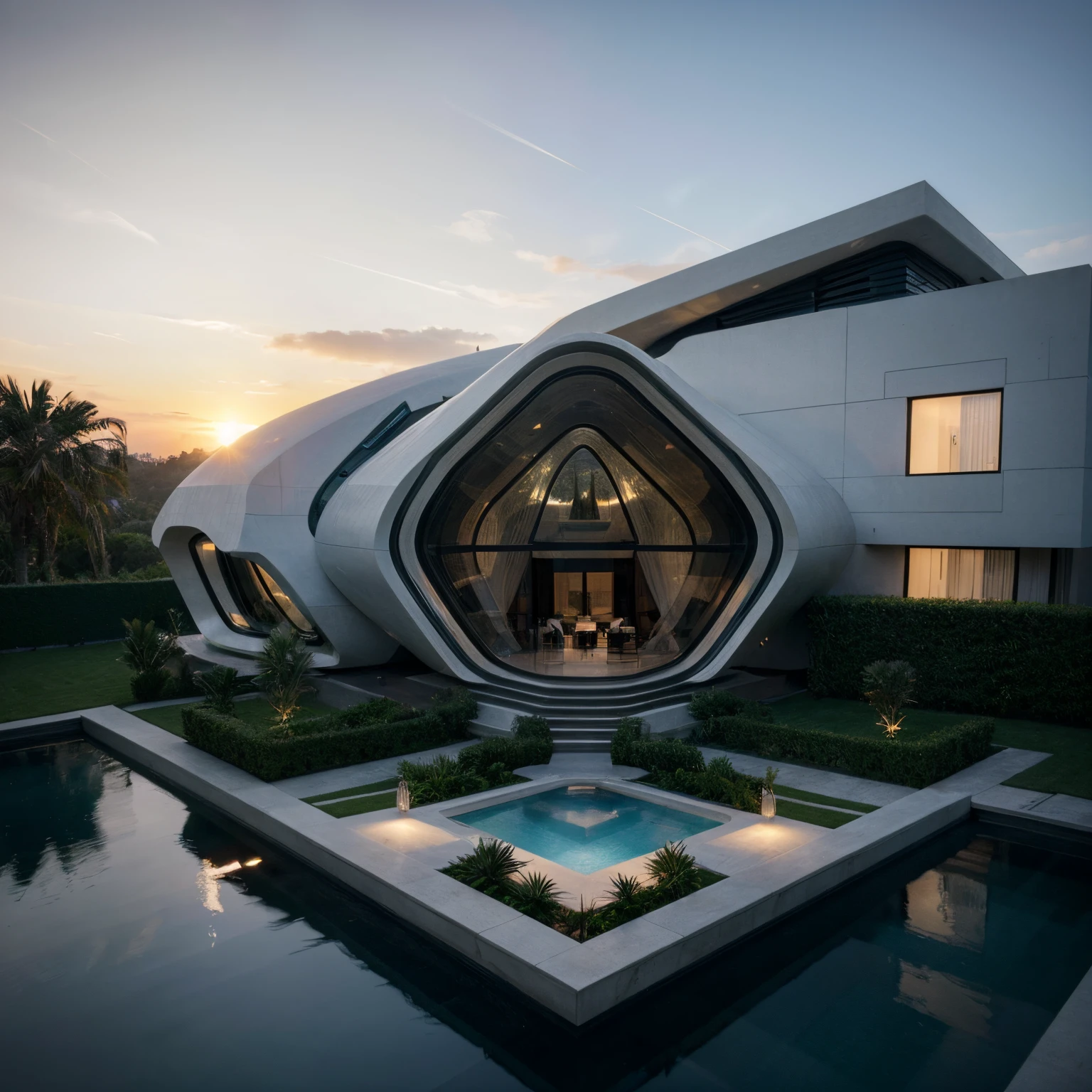 hyper realistic organic ,bionic futuristic villa designed by Zaha Hadid with black frames , sunset , hyper realistic, depth of field , modern architecture, minimal architecture , futuristic architecture , foggy , lights on front garden no human, isometric view