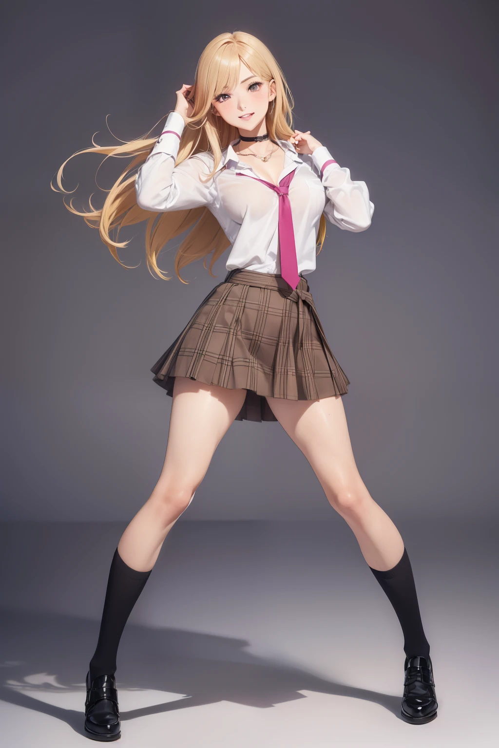 (masterpiece, best quality, ultra-detailed, ultra-HD, photorealistic, cinematic), (alluring anime girl), (Marin Kitagawa), perfect body, sexy body, perfect face, perfect hands, delicate face, large breasts, round ass, long round legs, (wide shot, full body view:1.5), (golden blonde hair, peachy pink gradient at the ends), (waist length hair),(wearing high school uniform, a shirt tied at the waist with the sleeves rolled up, a skirt plaid above the knee, and a slightly loosened tie, along with a choker, necklace, and a chain on her wrist, her uniform has a chest pocket on the right), (standing, sensual pose), (gradient background), fuchsia eyes, detailed pupils, nude lips, blushing, (slightly parted lips), psycho smile, excited smile