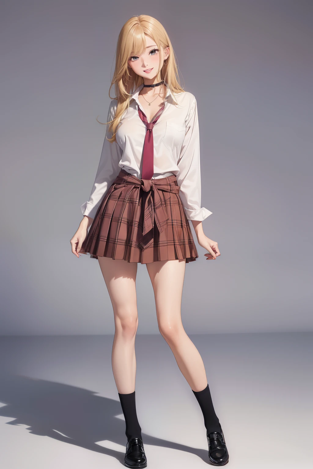 (masterpiece, best quality, ultra-detailed, ultra-HD, photorealistic, cinematic), (alluring anime girl), (Marin Kitagawa), perfect body, sexy body, perfect face, perfect hands, delicate face, large breasts, round ass, long round legs, (wide shot, full body view:1.5), (golden blonde hair, peachy pink gradient at the ends), (waist length hair),(wearing high school uniform, a shirt tied at the waist with the sleeves rolled up, a skirt plaid above the knee, and a slightly loosened tie, along with a choker, necklace, and a chain on her wrist, her uniform has a chest pocket on the right), (standing, sensual pose), (gradient background), fuchsia eyes, detailed pupils, nude lips, blushing, (slightly parted lips), psycho smile, excited smile