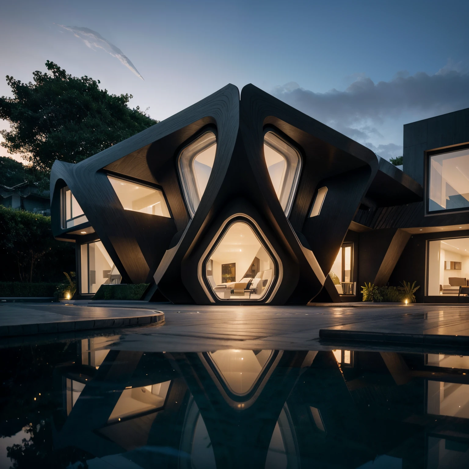 hyper realistic  organic ,bionic futuristic villa designed by Zaha Hadid with black frames  , sunset , hyper realistic, depth of field , modern architecture, minimal architecture , futuristic architecture , foggy , lights on  front garden no human,  isometric view