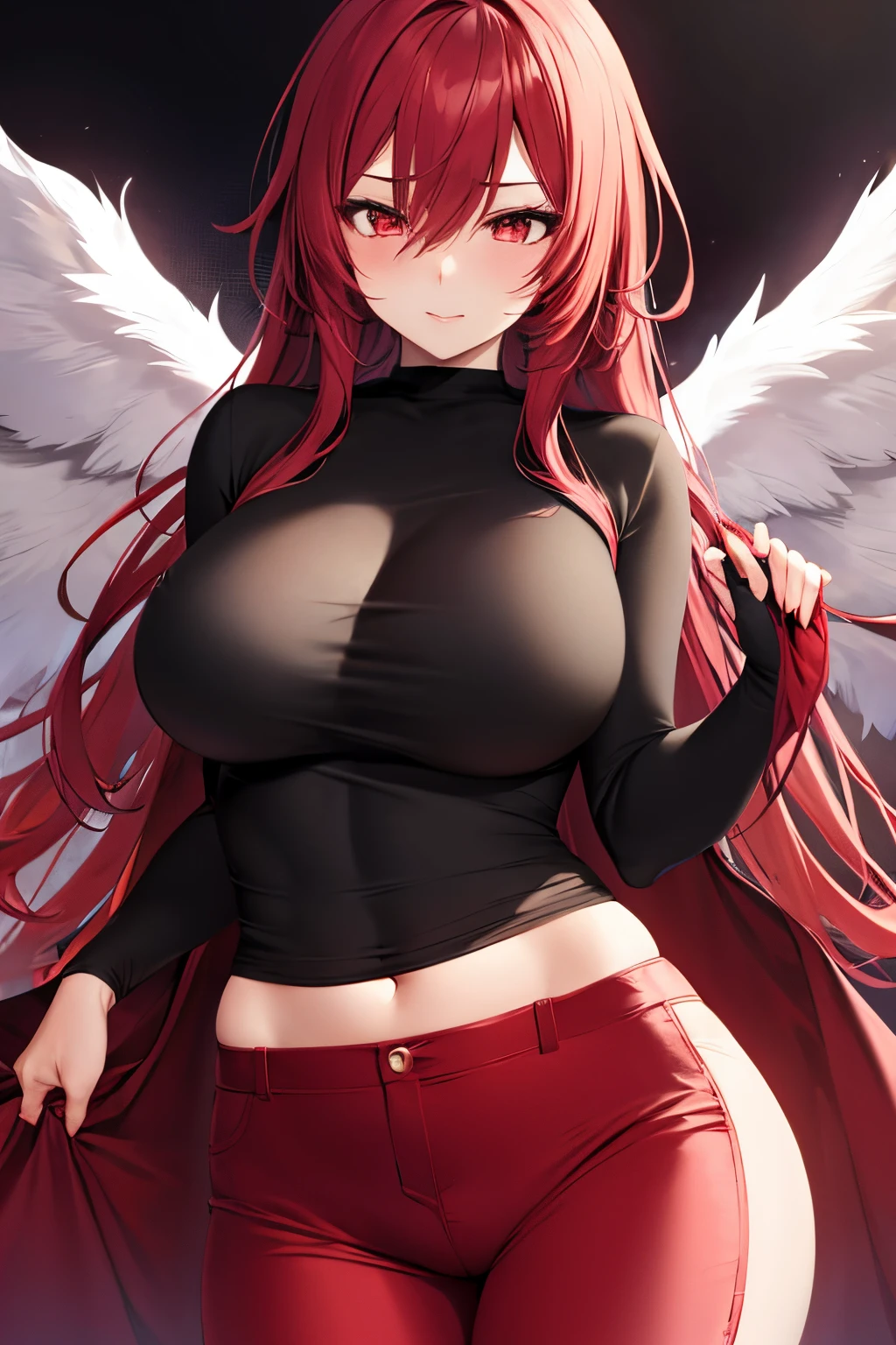 Very beautiful anime girl, crimson red hair, red eyes, wearing sexy lingerie and a red shirt and dark red pants, Mysterious phoenix flames, big mole under the right eye, MILF, full view