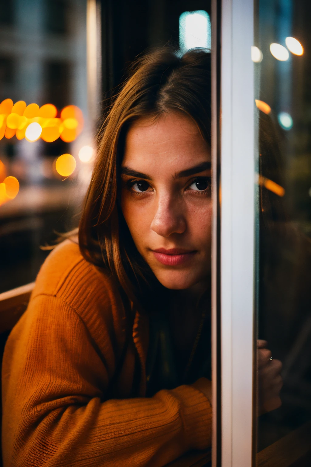 a ultrarealistic extreme close-up photography of warm cafe's one wide window from outside, orange lights, camera shot looking into girl sitting from that window, (bokeh:1.2), light borders, cinematic, high detailed resolution, window glass, reflection on window, window's wooden frame, photo shot from outside, the girl is behind window