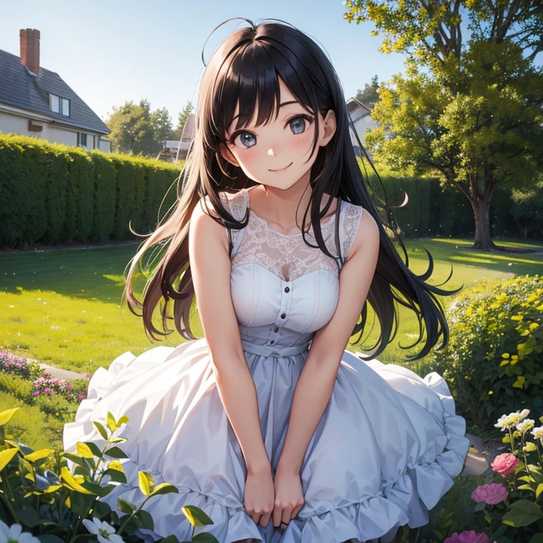 Adorable, Woman,big-eyed woman, round face. promenent lips. Smileing,In the garden,Her hands are behind her...., , large ass, wearing a cute sun dress. Picture from the side,looking at the scenes, intense colors, Very valuable details, complex details, volumetric lighting, digital art, 8k, trending on Artstation, Clear focus, complex details, highly detail, Greg Rutkowski Big Eyes, high-resolution, Black hair. Miranda Cosgrove