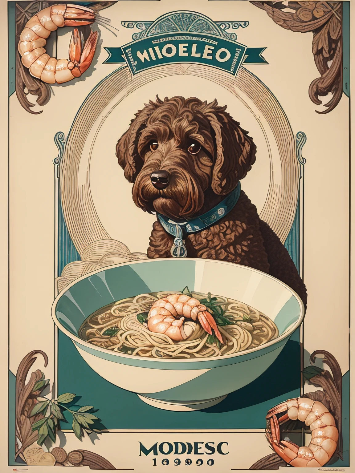 (best quality,4k,8k,highres,masterpiece:1.2),ultra-detailed,1890's noodles advertisement poster, Art Nouveau Style, brown labradoodle and a bowl of noodles with shrimp inside, simple color palette, poster takes up the full frame, simple design,