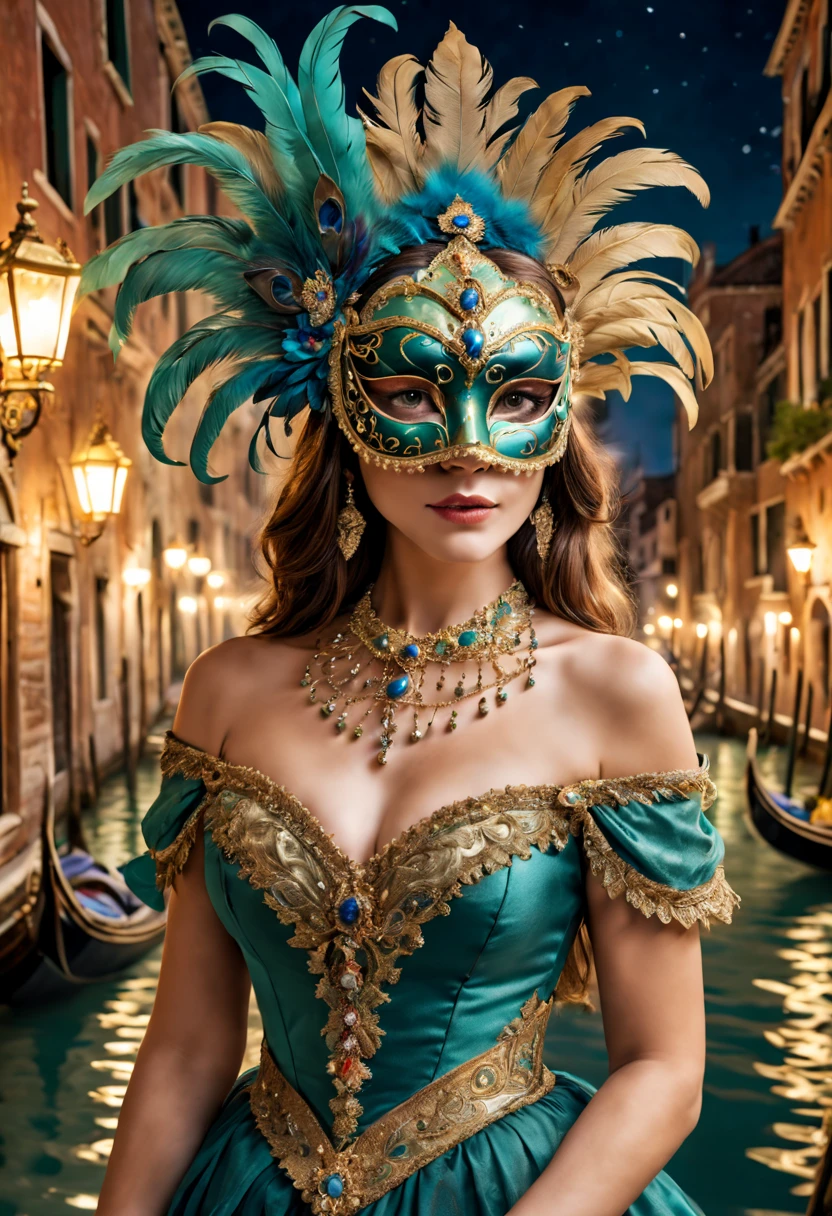 (a girl wearing a traditional Venetian mask),(best quality,highres),detailed face,beautifully decorated mask,colorful feathers,fine craftsmanship,ornate patterns,sparkling jewels,mysterious ambiance,artistic portrayal,soft lighting,vibrant colors,venetian carnival,classic beauty,traditional costume,luxurious fabric,elaborate headpiece,masquerade ball,lively atmosphere,graceful posture,lots of movement,celebration and excitement,historical setting,romantic canals,reflection in the water,gondolas passing by,elegant architecture,moonlit night,enchanted feeling,mask worn by aristocrats,whispered secrets,mystical allure,unique and captivating imagery.