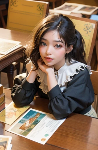 beautiful female collector girl of postcards, sitting at the table, piles vintage postcard on the table, top view, big postcards collection in the boxes, face european caucasian cute,