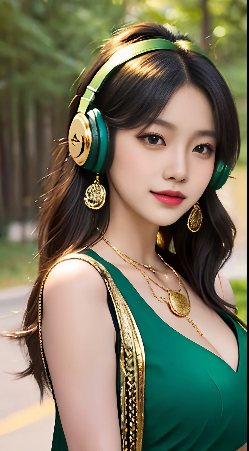 Best quality, Masterpiece, Ultra High resolution, native photo, Professional, photography, color photography, 1 girl, girl with headphones, upper body,close up photography, female ,bob hair, Happy, dynamic, Gucci, Versace, cool, gold necklace, gold earings,bob black hairs flying some on face, asian ,big breasts , forest green flounce dress, looking in phone,doing online shopping,