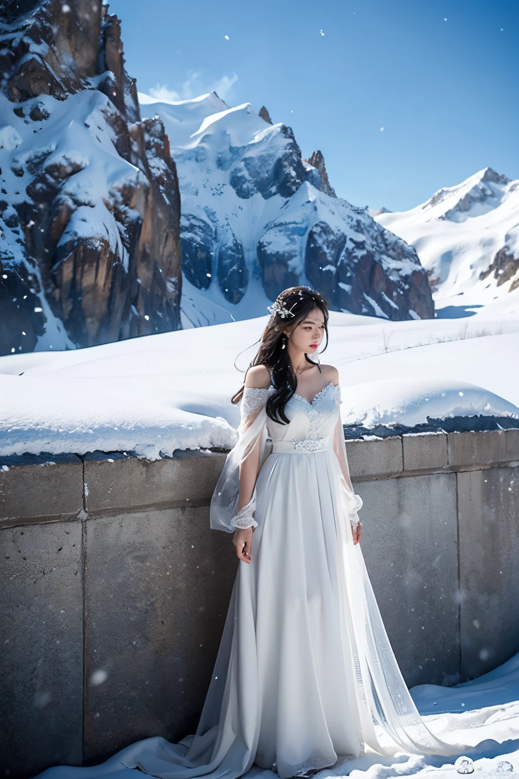 Photographic realism、quality、超高分辨率、photore、（Full body photo）（Very good figure）（Very detailed faces），（intricately details）princess on snow mountain，Wearing a gorgeous snow-white dress，The hem of the skirt seems to be condensed from the falling snowflakes from the snow-capped mountains.。Her long hair falls on her shoulders like a black waterfall，The head  dotted with a pure white flower。Her eyes are clear and bright，As crystal clear as lake water。Her skin  fair and pure，Like  and snow on snowy mountains。The princess  surrounded by falling snowflakes，Surrounding her as if she were her guardian，Create a mysterious and enchanting atmosphere。In such an environment，The princess  like a blooming flower on the snow-capped mountainudes purity and nobility。
