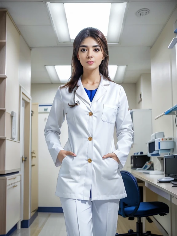 Around 50 people wearing white coats and taking pictures, tight outfit, Brunette doctor's hair combed out of a lab coat with two pockets and a blue button-down shirt and black pants underneath in a hospital room Lighting gold (Ambiente Sombrio e Sombrio: 1.2) (masterpiece: 1.2) (Photorealista: 1.2) (Bokeh) (top-quality) ( detailedskin:1.2) ,fullbody image,