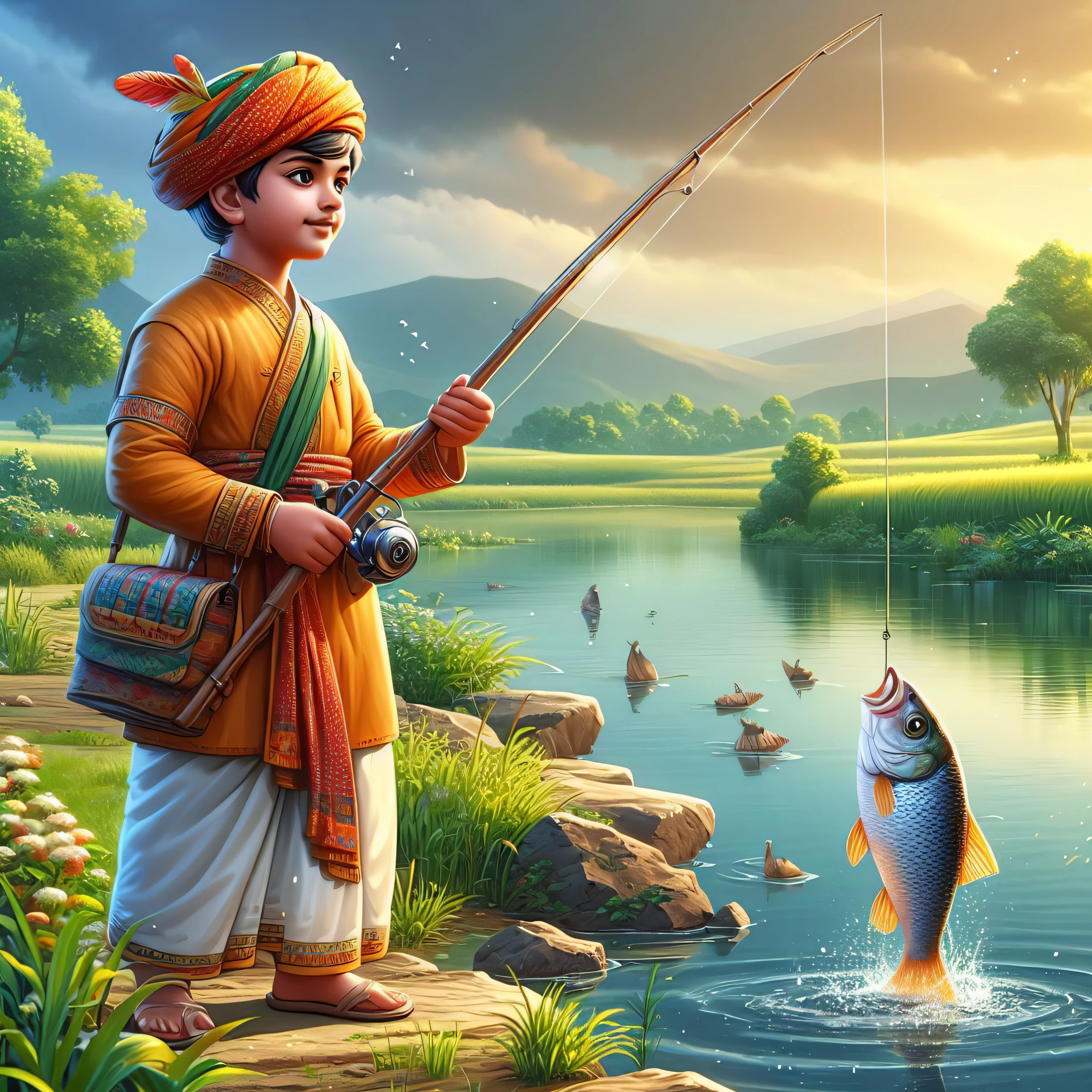 a man in a turban  fishing with a fish, fisherman, mobile wallpaper, hd wallpaper, a beautiful artwork illustration, wearing a fisher 🧥, trending wallpaper, fishing, amazing wallpaper, traditional art, wallpaper hd, beautiful digital artwork, colorful hd picure, wallpapers, wallpaper - 1 0 2 4, background artwork, by Saurabh Jethani