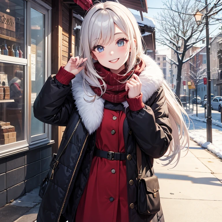 A 25 years old girl wearing winter dress, winter time,  smiling face,  looking at viewer