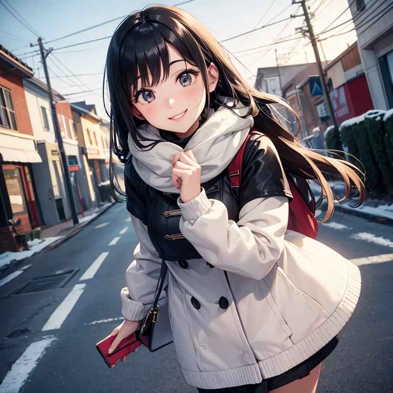 A 25 years old girl wearing winter dress, winter time, smiling face, looking at viewer