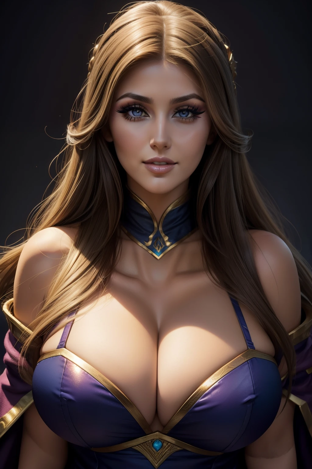 Lucy Pinder, ((Very intense makeup)), smiling, voluptuous, neckline, Jaina Proudmoore